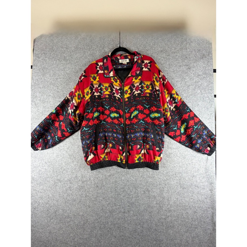 Euro Joy Bomber Jacket Womens Large Multi Good Vintage 100% Silk‎ Geometric Zip